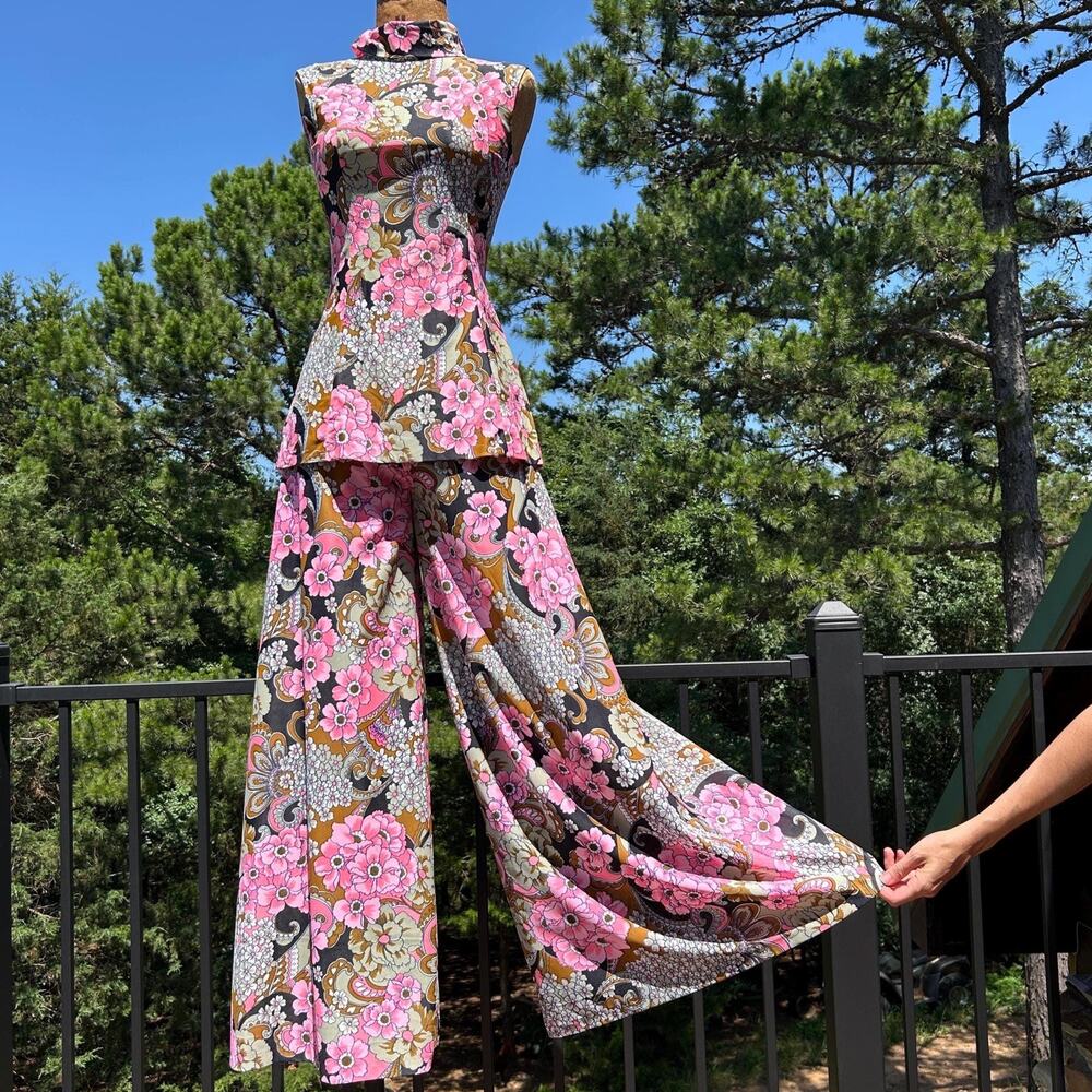 Vintage 60s Pink Psychedelic Flower Power High Waist Palazzo Pant Tunic Top Set